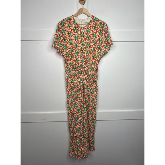 NEW Saloni Scoop Neck Ruched Tiered Marta Short Sleeved Midi Dress Sorel Orange - Picture 2 of 8